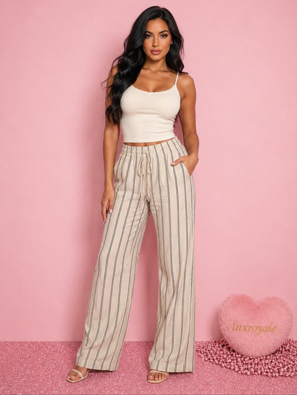 H&M Linen Blend Striped Wide Leg Pants Women's Size Small S Beige/Blk Drawstring